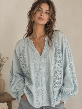 Jennifer & Grace Blue Lace Cotton Long Sleeve Blouse 1X Crochet Boho Cottagecore